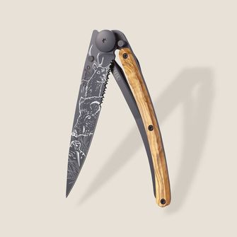 Κλείσιμο μαχαιριού Deejo Τατουάζ οδοντωτό ξύλο ελιάς Σκηνή κυνηγιού