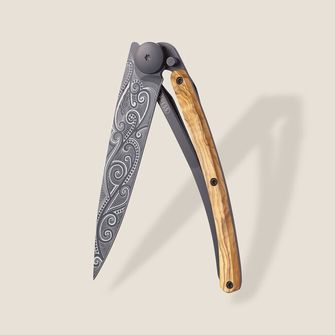 Μαχαίρι κλεισίματος Deejo Μαύρο τατουάζ από ξύλο ελιάς του Ειρηνικού
