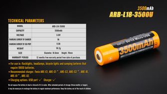Επαναφορτιζόμενη μπαταρία Fenix USB 18650, 3500 mAh, Li-Ion