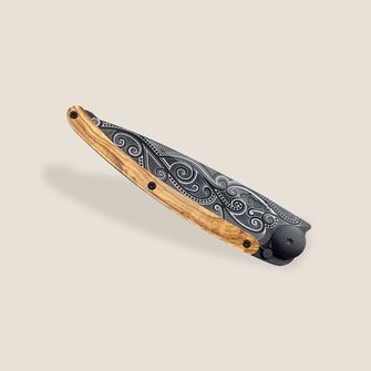 Μαχαίρι κλεισίματος Deejo Μαύρο τατουάζ από ξύλο ελιάς του Ειρηνικού
