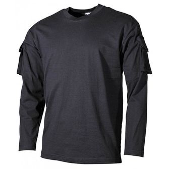 MFH US μαύρο μακρύ T-shirt με τσέπες velcro στα μανίκια, 170g/m2