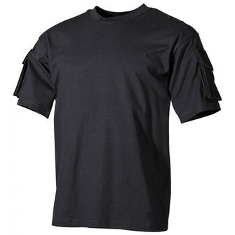 MFH US μαύρο T-shirt με τσέπες velcro στα μανίκια, 170g/m2